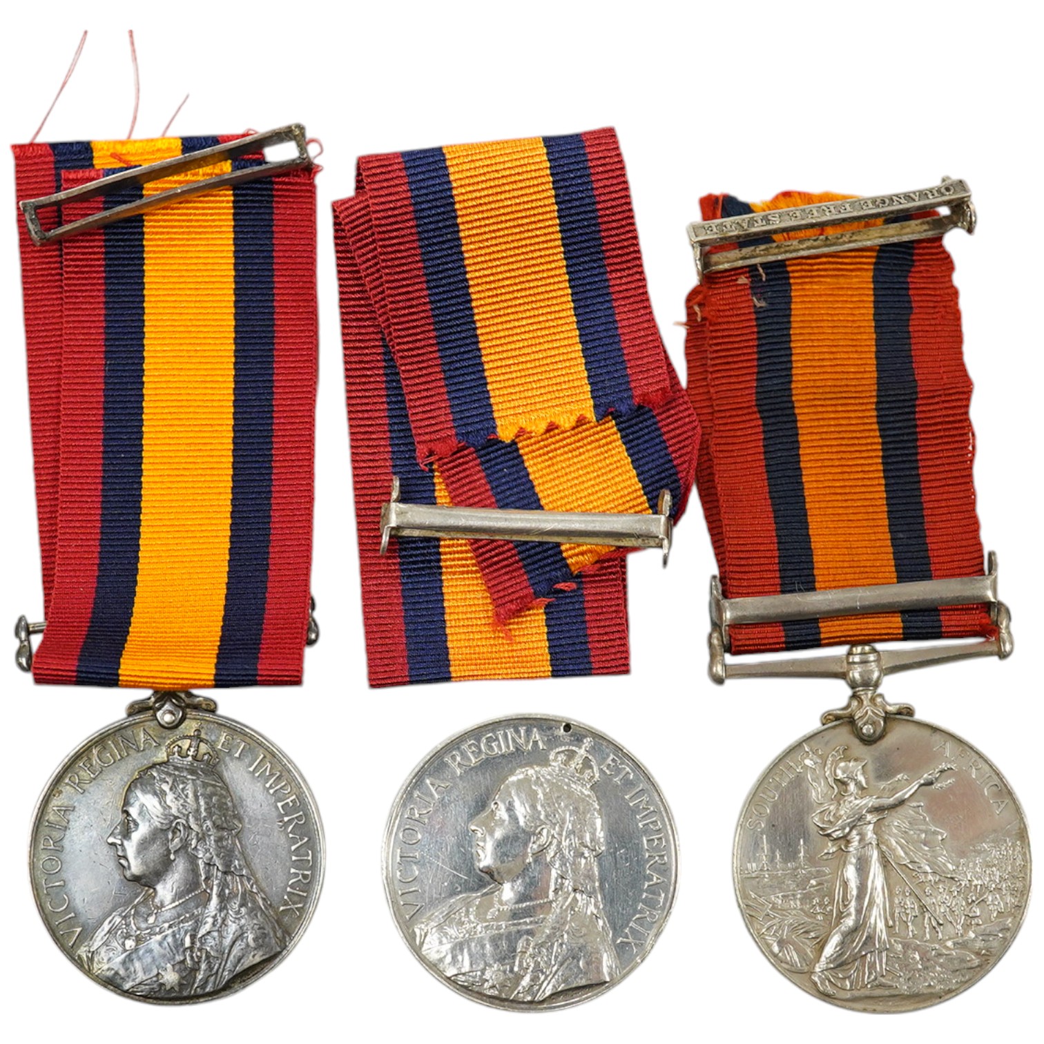 Three Queen's South Africa Medals; Trans & CC to 493 Tpr. T.R.Keegan, W.Prov.M.R.; part erased to 642 Pte E.Boyce Quuenstown Rifle Vol and disc only with Trans and OFS to 2234 Pte J.Martin4th Batt Highland Lt Infy